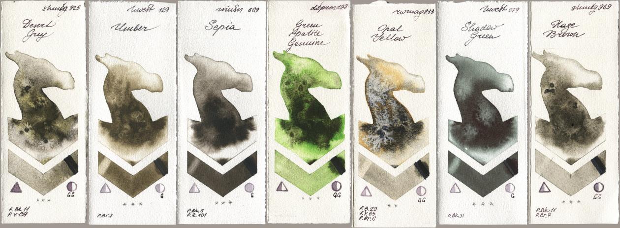 Shminke Horadam Aquarell 925 Desert Grey, Holbein Artists Watercolor 129 Umber, Winsor & Newton Professional 609 Sepia, Daniel Smith 197 Green Apatite Genuine, Rockwell 233 Opal Yellow, 079 Shadow Green, 969 Haze Bro watercolor swatch