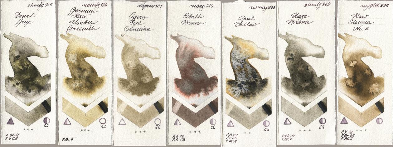 Shminke Horadam Aquarell 925 Desert Grey, Roman Szmal Aquarius 125 German Raw Umber Greenish, Daniel Smith 161 Tigers Eye Genuine, Rosa Gallery 784 Cobalt Brown, Rockwell 233 Opal Yellow, 969 Haze Brown, Mijello Mission Gold 606 Raw Sienna No watercolor swatch