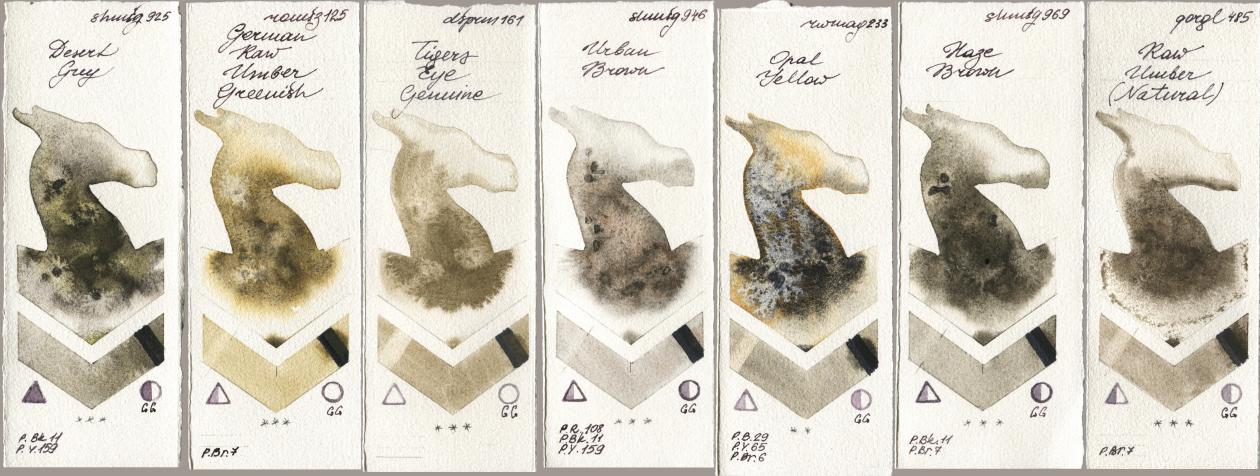 Shminke Horadam Aquarell 925 Desert Grey, Roman Szmal Aquarius 125 German Raw Umber Greenish, Daniel Smith 161 Tigers Eye Genuine, 946 Urban Brown, Rockwell 233 Opal Yellow, 969 Haze Brown, Golden QOR 485 Raw Umber (Natura watercolor swatch