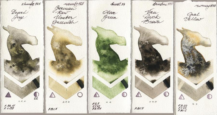 Shminke Horadam Aquarell 925 Desert Grey vs Roman Szmal Aquarius 125 German Raw Umber Greenish vs Kuretake Gansai Tambi 054 Olive Green vs Daniel Smith 110 Van Dyck Brown vs Rockwell 233 Opal Yellow watercolor swatch