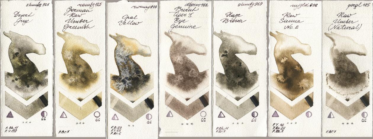 Shminke Horadam Aquarell 925 Desert Grey, Roman Szmal Aquarius 125 German Raw Umber Greenish, Rockwell 233 Opal Yellow, Daniel Smith 162 Burnt Tigers Eye Genuine, 969 Haze Brown, Mijello Mission Gold 606 Raw Sienna No 2, Golden QOR 485 Raw Umber (Natura watercolor swatch