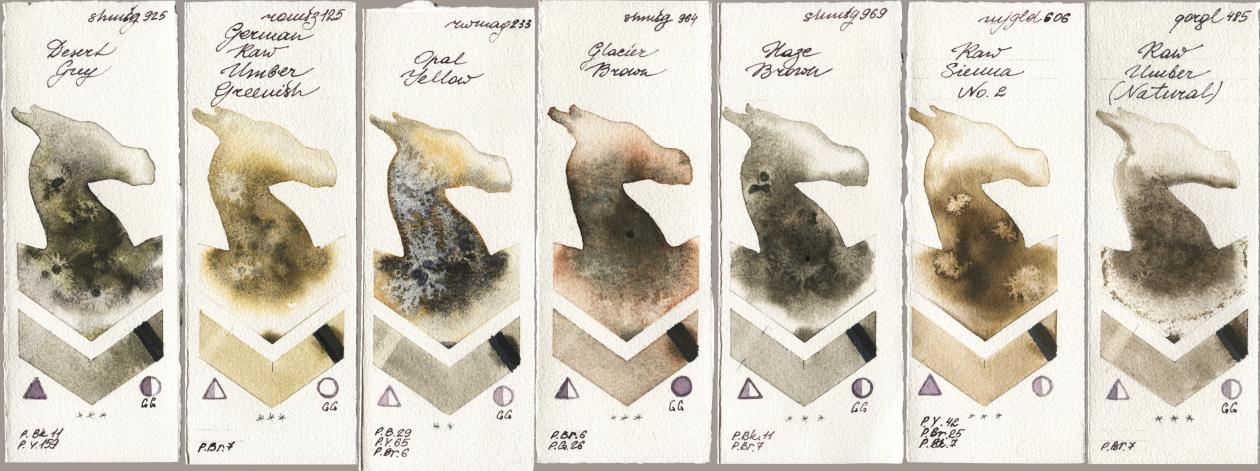 Shminke Horadam Aquarell 925 Desert Grey, Roman Szmal Aquarius 125 German Raw Umber Greenish, Rockwell 233 Opal Yellow, 964 Glacier Brown, 969 Haze Brown, Mijello Mission Gold 606 Raw Sienna No 2, Golden QOR 485 Raw Umber (Natura watercolor swatch