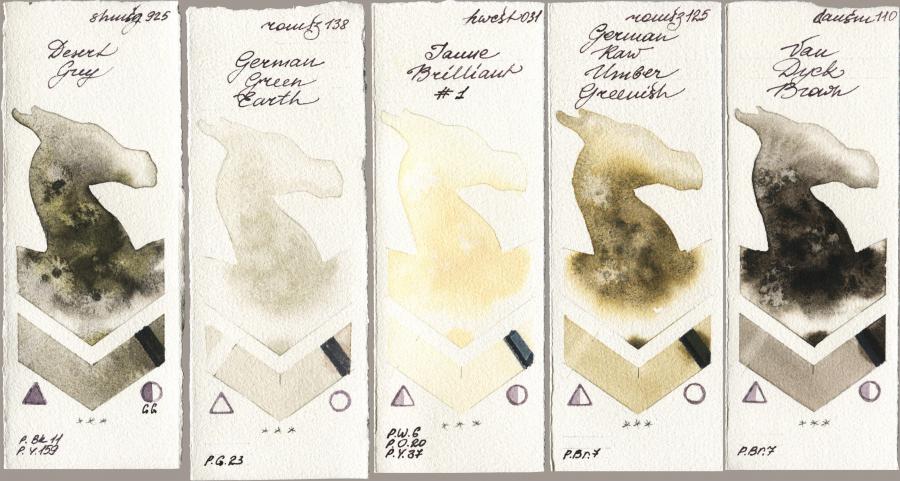 Shminke Horadam Aquarell 925 Desert Grey vs Roman Szmal Aquarius 138 German Green Earth vs Holbein Artists Watercolor 031 Jaune Brilliant No 1 vs 125 German Raw Umber Greenish vs Daniel Smith 110 Van Dyck Brown watercolor swatch
