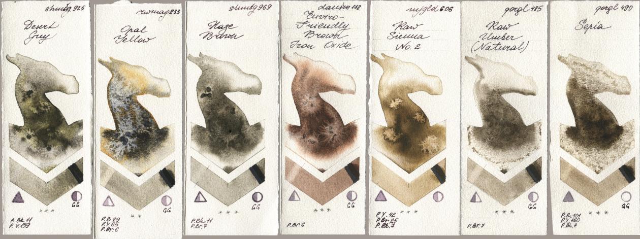 Shminke Horadam Aquarell 925 Desert Grey, Rockwell 233 Opal Yellow, 969 Haze Brown, Daniel Smith 178 Enviro-Friendly Brown Iron Oxide, Mijello Mission Gold 606 Raw Sienna No 2, Golden QOR 485 Raw Umber (Natural), 490 Sep watercolor swatch