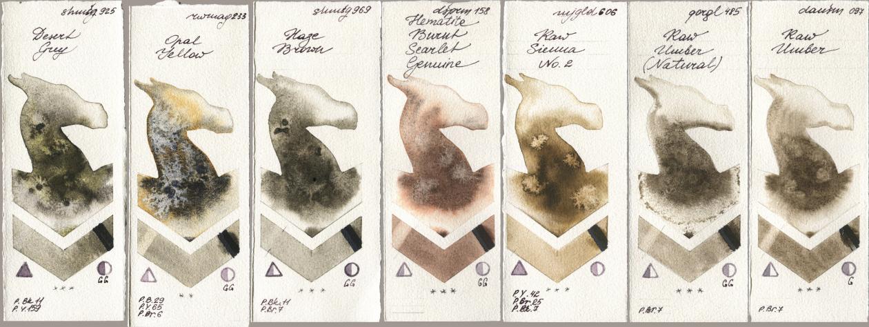 Shminke Horadam Aquarell 925 Desert Grey, Rockwell 233 Opal Yellow, 969 Haze Brown, Daniel Smith 158 Hematite Burnt Scarlet Genuine, Mijello Mission Gold 606 Raw Sienna No 2, Golden QOR 485 Raw Umber (Natural), 097 Raw Umb watercolor swatch