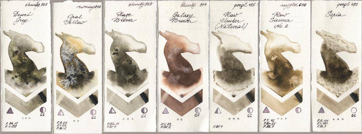 Shminke Horadam Aquarell 925 Desert Grey, Rockwell 233 Opal Yellow, 969 Haze Brown, 974 Galaxy Brown, Golden QOR 485 Raw Umber (Natural), Mijello Mission Gold 606 Raw Sienna No 2, 490 Sep watercolor swatch