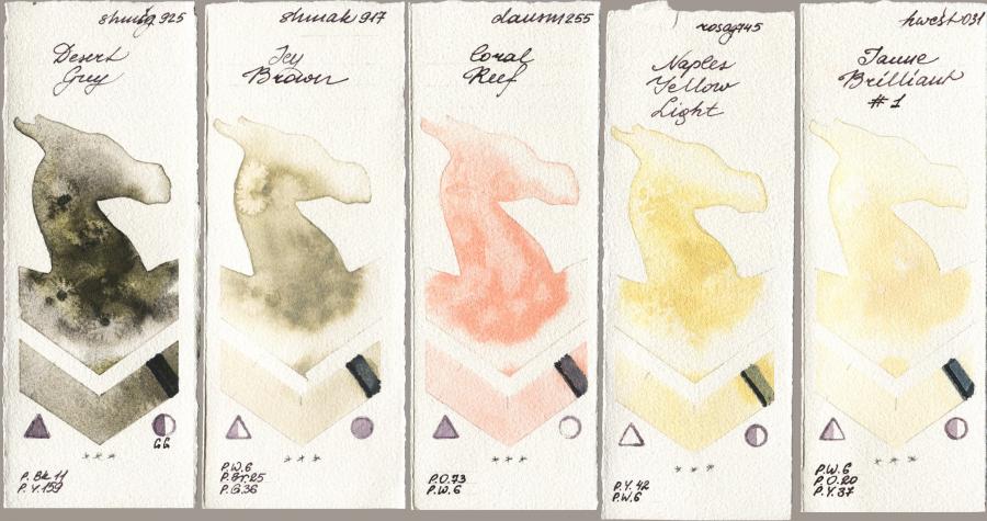 Shminke Horadam Aquarell 925 Desert Grey vs Shminke Akademie Aquarell 917 Icy Brown vs Daniel Smith 255 Coral Reef vs Rosa Gallery 745 Naples Yellow Light vs Holbein Artists Watercolor 031 Jaune Brilliant No 1 watercolor swatch