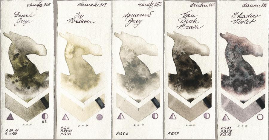 Shminke Horadam Aquarell 925 Desert Grey vs Shminke Akademie Aquarell 917 Icy Brown vs Roman Szmal Aquarius 253 Aquarius Grey vs Daniel Smith 110 Van Dyck Brown vs 188 Shadow Violet watercolor swatch