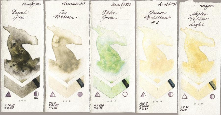 Shminke Horadam Aquarell 925 Desert Grey vs Shminke Akademie Aquarell 917 Icy Brown vs 933 Shire Green vs Holbein Artists Watercolor 031 Jaune Brilliant No 1 vs Rosa Gallery 745 Naples Yellow Light watercolor swatch