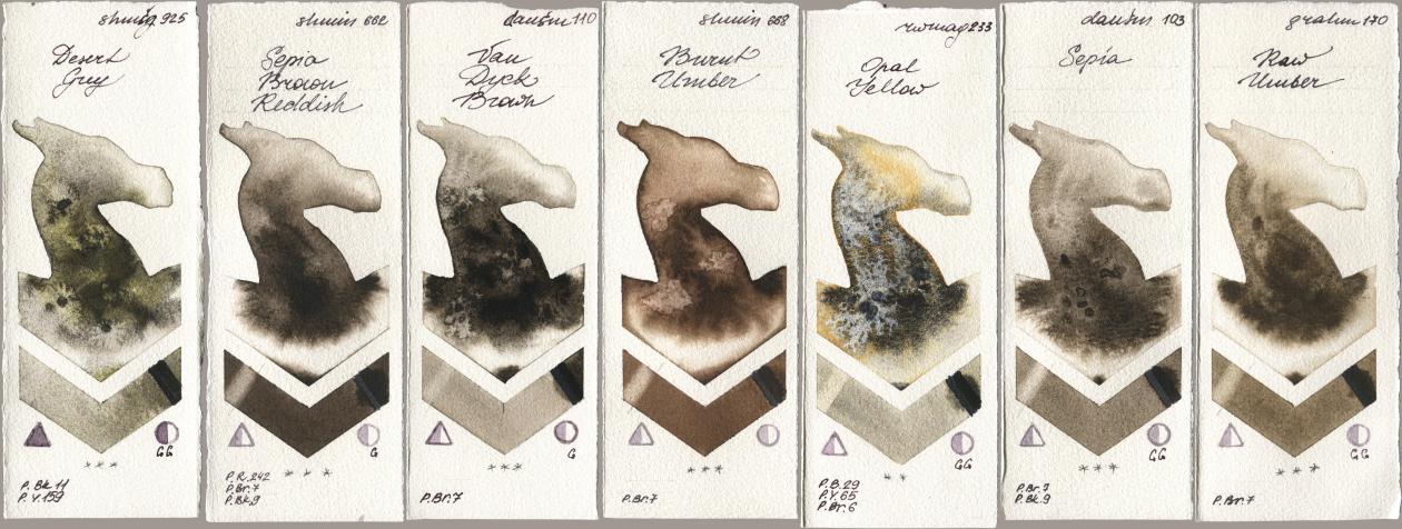 Shminke Horadam Aquarell 925 Desert Grey, 662 Sepia Brown Reddish, Daniel Smith 110 Van Dyck Brown, 668 Burnt Umber, Rockwell 233 Opal Yellow, 103 Sepia, M. Graham & Co. Artists 170 Raw Umb watercolor swatch