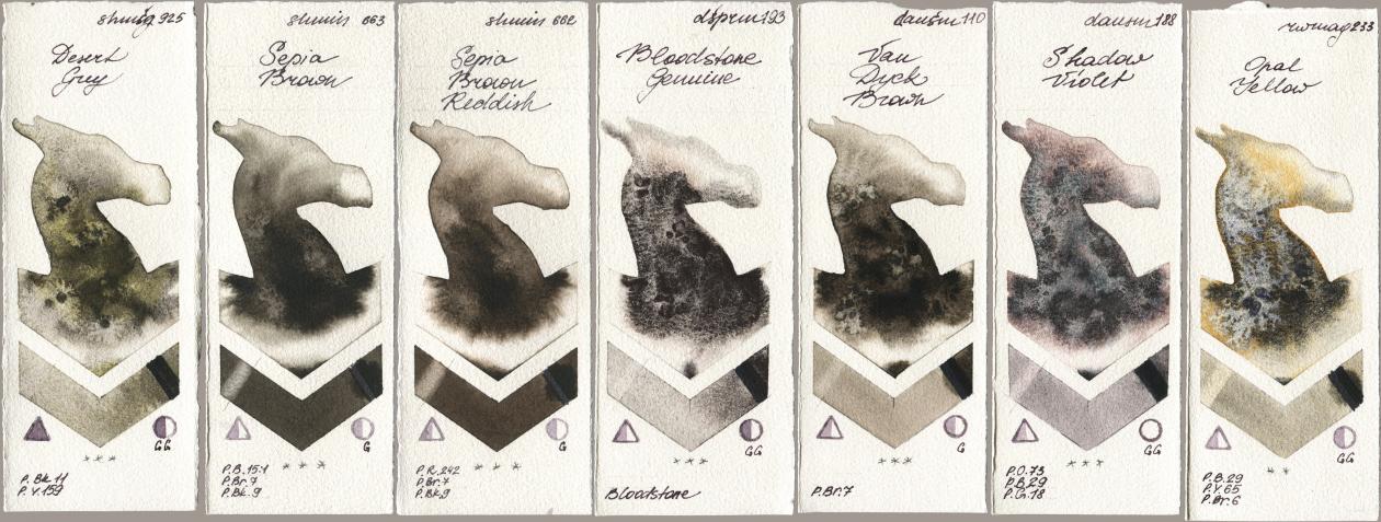 Shminke Horadam Aquarell 925 Desert Grey, 663 Sepia Brown, 662 Sepia Brown Reddish, Daniel Smith 193 Bloodstone Genuine, 110 Van Dyck Brown, 188 Shadow Violet, Rockwell 233 Opal Yell watercolor swatch