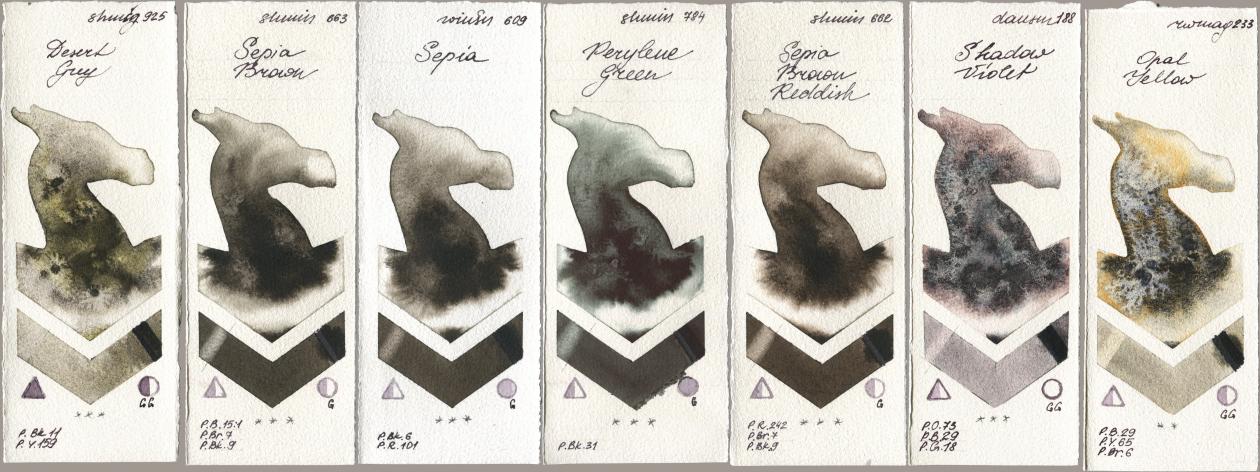 Shminke Horadam Aquarell 925 Desert Grey, 663 Sepia Brown, Winsor & Newton Professional 609 Sepia, 784 Perylene Green, 662 Sepia Brown Reddish, Daniel Smith 188 Shadow Violet, Rockwell 233 Opal Yell watercolor swatch