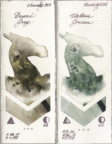 Shminke Horadam Aquarell 925 Desert Grey vs 936 Urban Green watercolor swatch