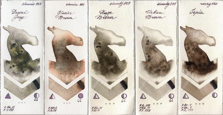 Shminke Horadam Aquarell 925 Desert Grey vs 964 Glacier Brown vs 969 Haze Brown vs 946 Urban Brown vs Rosa Gallery 720 Sepia watercolor swatch