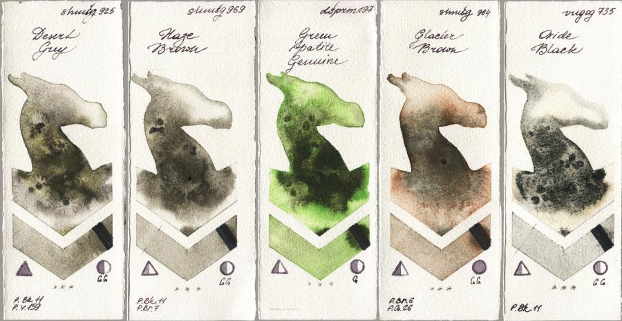 Shminke Horadam Aquarell 925 Desert Grey vs 969 Haze Brown vs Daniel Smith 197 Green Apatite Genuine vs 964 Glacier Brown vs Royal Talens Van Gogh Watercolour 735 Oxide Black watercolor swatch