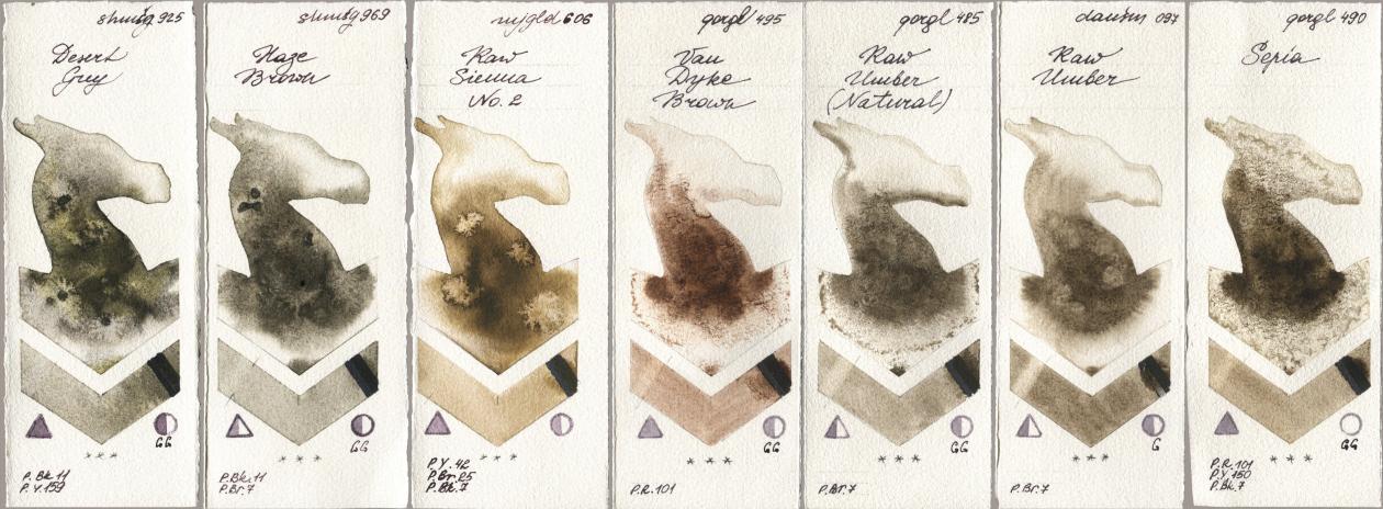 Shminke Horadam Aquarell 925 Desert Grey, 969 Haze Brown, Mijello Mission Gold 606 Raw Sienna No 2, Golden QOR 495 Van Dyke Brown, 485 Raw Umber (Natural), Daniel Smith 097 Raw Umber, 490 Sep watercolor swatch