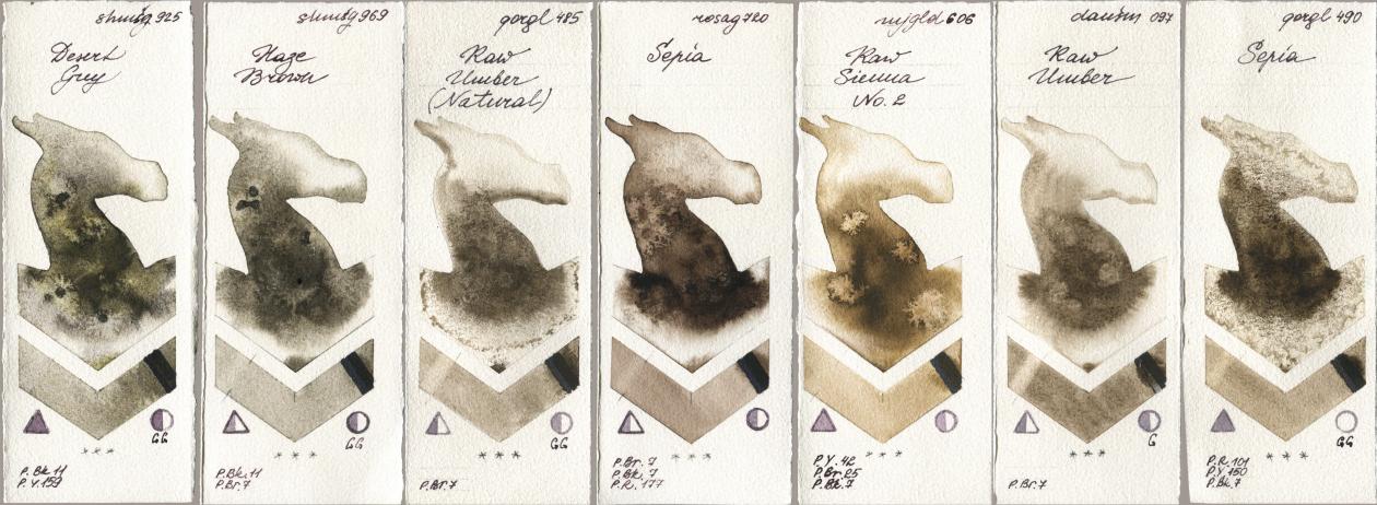 Shminke Horadam Aquarell 925 Desert Grey, 969 Haze Brown, Golden QOR 485 Raw Umber (Natural), Rosa Gallery 720 Sepia, Mijello Mission Gold 606 Raw Sienna No 2, Daniel Smith 097 Raw Umber, 490 Sep watercolor swatch