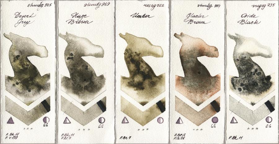 Shminke Horadam Aquarell 925 Desert Grey vs 969 Haze Brown vs Rosa Gallery 722 Umber vs 964 Glacier Brown vs Royal Talens Van Gogh Watercolour 735 Oxide Black watercolor swatch