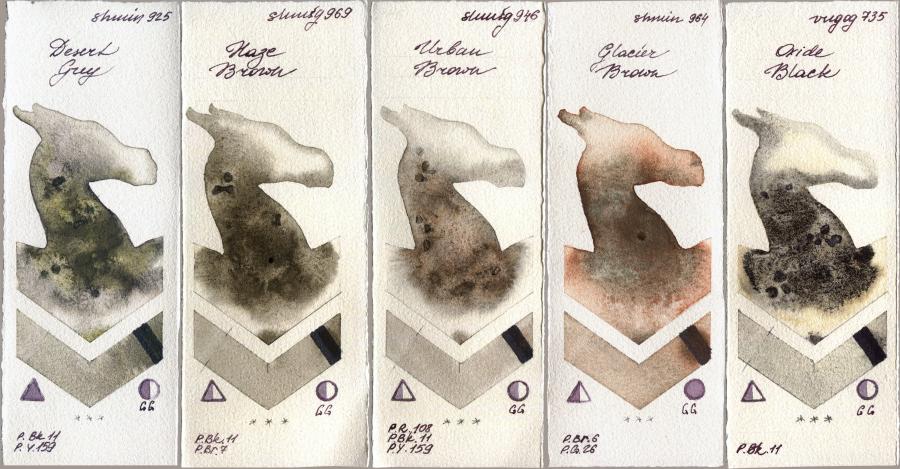 Shminke Horadam Aquarell 925 Desert Grey vs 969 Haze Brown vs 946 Urban Brown vs 964 Glacier Brown vs Royal Talens Van Gogh Watercolour 735 Oxide Black watercolor swatch