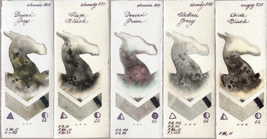 Shminke Horadam Aquarell 925 Desert Grey vs 970 Haze Black vs 924 Desert Green vs 956 Urban Grey vs Royal Talens Van Gogh Watercolour 735 Oxide Black watercolor swatch