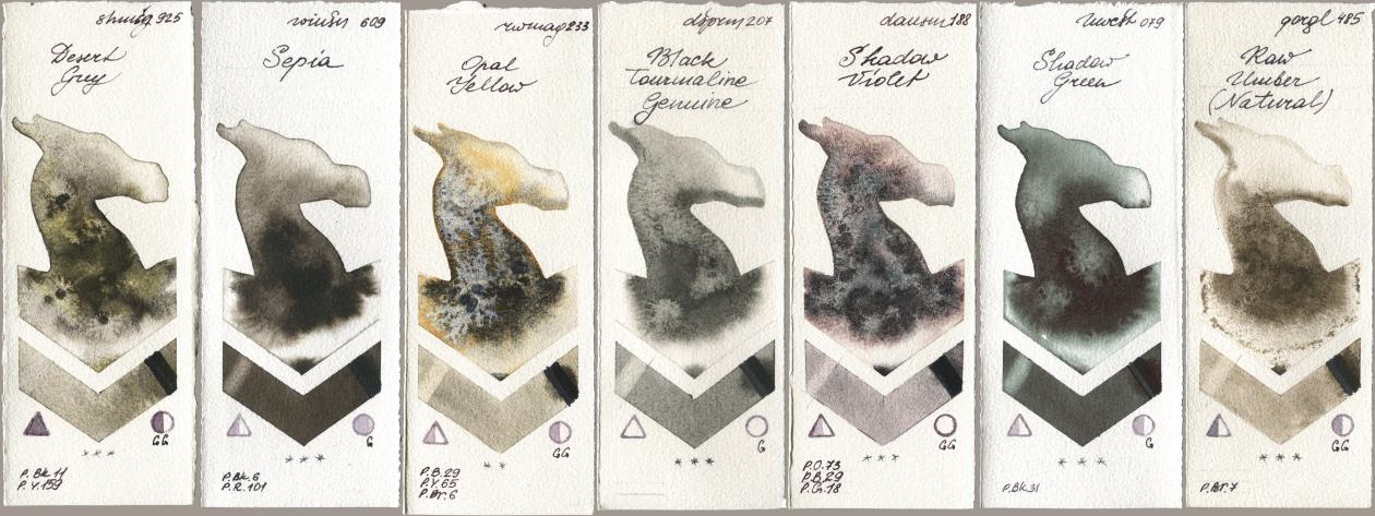 Shminke Horadam Aquarell 925 Desert Grey, Winsor & Newton Professional 609 Sepia, Rockwell 233 Opal Yellow, Daniel Smith 207 Black Tourmaline Genuine, 188 Shadow Violet, Holbein Artists Watercolor 079 Shadow Green, Golden QOR 485 Raw Umber (Natura watercolor swatch
