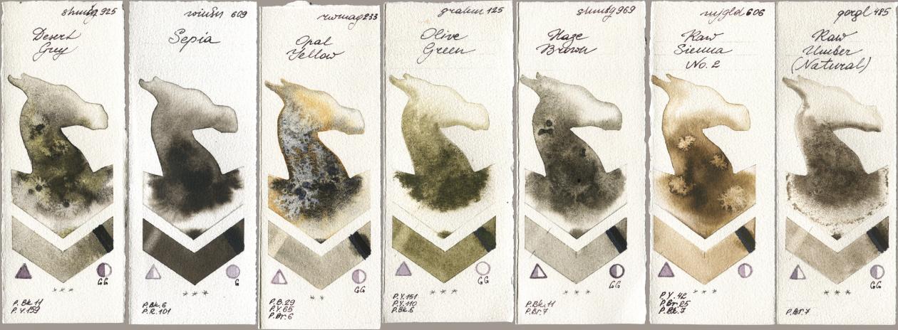 Shminke Horadam Aquarell 925 Desert Grey, Winsor & Newton Professional 609 Sepia, Rockwell 233 Opal Yellow, M. Graham & Co. Artists 125 Olive Green, 969 Haze Brown, Mijello Mission Gold 606 Raw Sienna No 2, Golden QOR 485 Raw Umber (Natura watercolor swatch