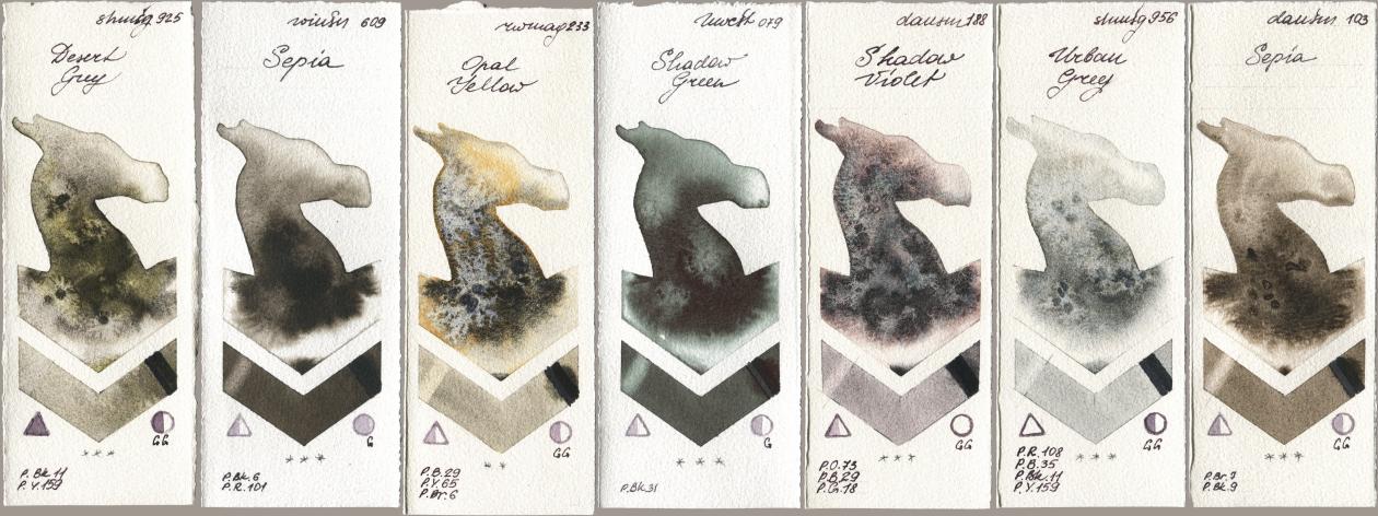 Shminke Horadam Aquarell 925 Desert Grey, Winsor & Newton Professional 609 Sepia, Rockwell 233 Opal Yellow, Holbein Artists Watercolor 079 Shadow Green, Daniel Smith 188 Shadow Violet, 956 Urban Grey, 103 Sep watercolor swatch