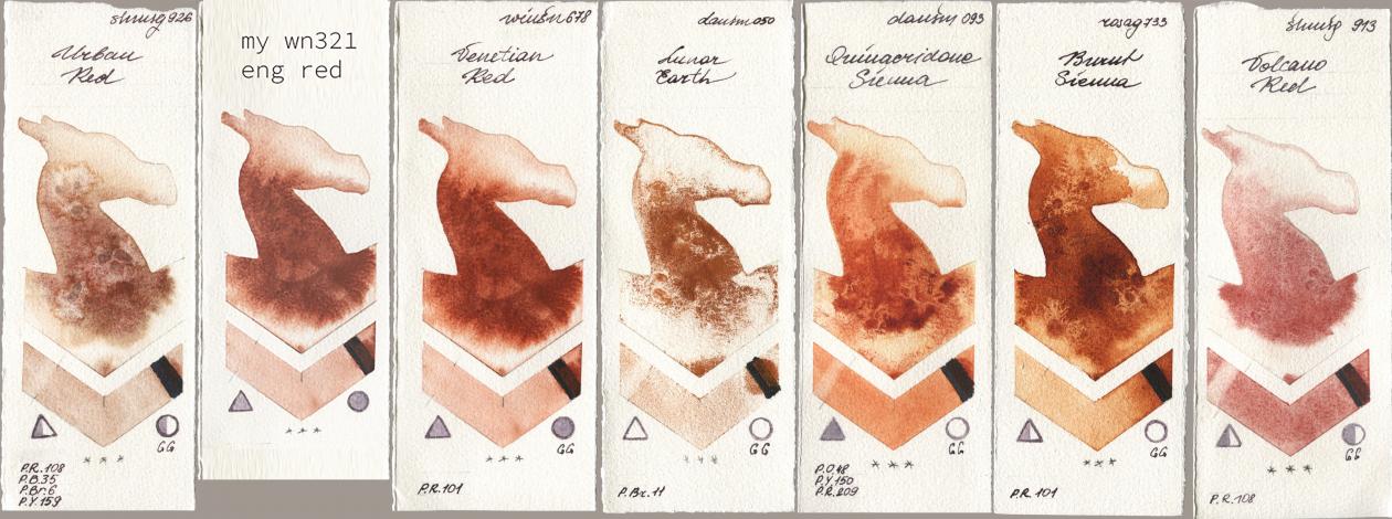 Shminke Horadam Aquarell 926 Urban Red, my 034 eng red, Winsor & Newton Professional 678 Venetian Red, Daniel Smith 050 Lunar Earth, 093 Quinacridone Sienna, Rosa Gallery 733 Burnt Sienna, 913 Volcano R watercolor swatch