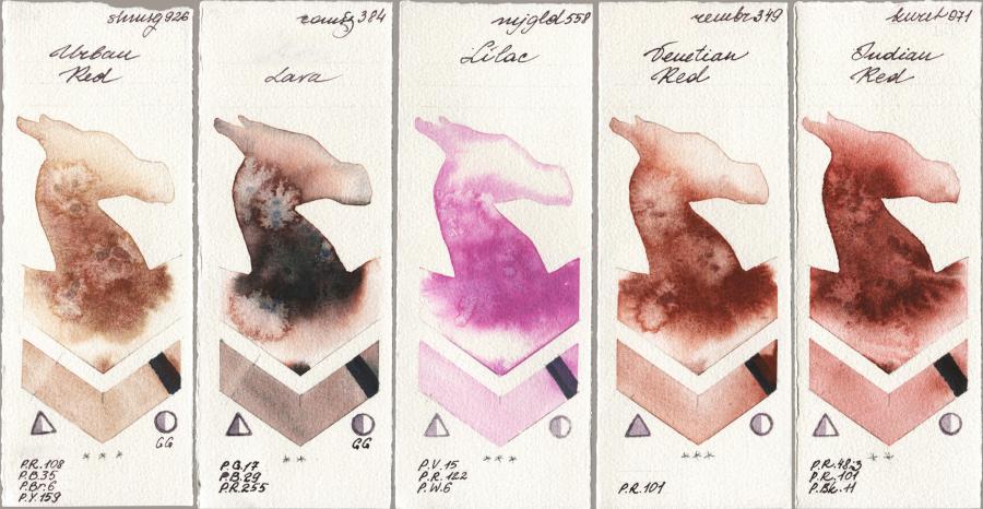 Shminke Horadam Aquarell 926 Urban Red vs Roman Szmal Aquarius 384 Lava vs Mijello Mission Gold 558 Lilac vs Royal Talens Rembrandt Watercolour 349 Venerian Red vs Kuretake Gansai Tambi 071 Indian Red watercolor swatch