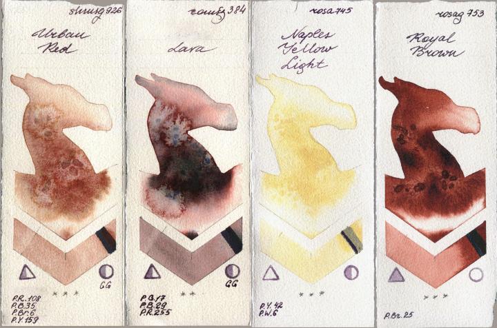Shminke Horadam Aquarell 926 Urban Red vs Roman Szmal Aquarius 384 Lava vs Rosa Gallery 745 Naples Yellow Light vs 753 Royal Brown watercolor swatch