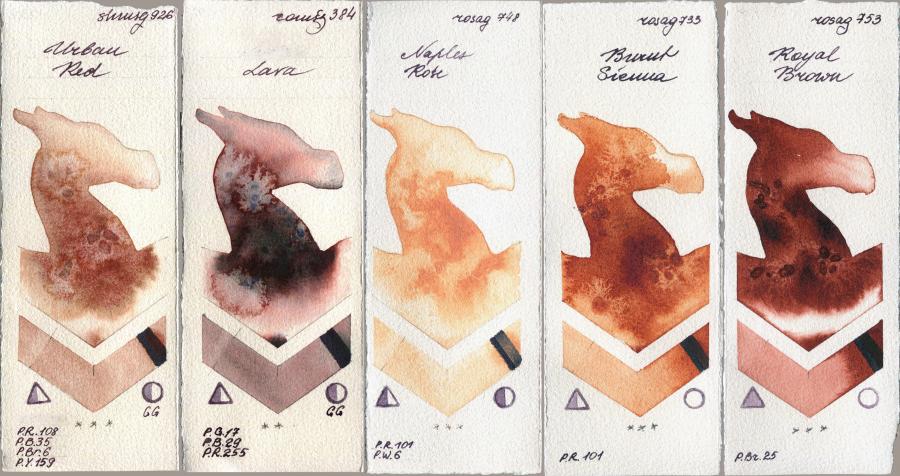Shminke Horadam Aquarell 926 Urban Red vs Roman Szmal Aquarius 384 Lava vs Rosa Gallery 748 Naples Rose vs 733 Burnt Sienna vs 753 Royal Brown watercolor swatch