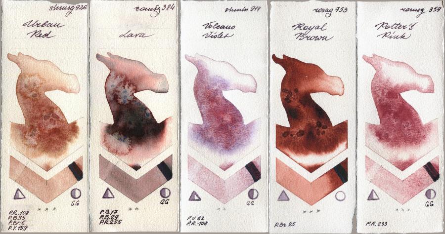 Shminke Horadam Aquarell 926 Urban Red vs Roman Szmal Aquarius 384 Lava vs 914 Volcano Violet vs Rosa Gallery 753 Royal Brown vs 359 Potters Pink watercolor swatch