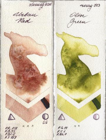 Shminke Horadam Aquarell 926 Urban Red vs Rosa Gallery 713 Olive Green watercolor swatch