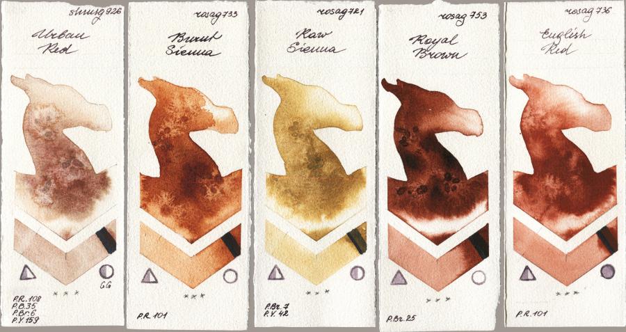 Shminke Horadam Aquarell 926 Urban Red vs Rosa Gallery 733 Burnt Sienna vs 721 Raw Sienna vs 753 Royal Brown vs 736 English Red watercolor swatch