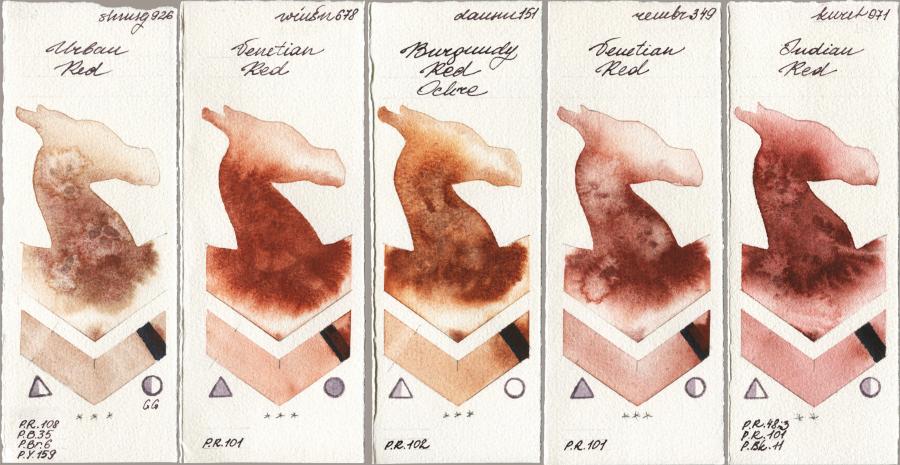 Shminke Horadam Aquarell 926 Urban Red vs Winsor & Newton Professional 678 Venetian Red vs Daniel Smith 151 Burgundy Red Ochre vs Royal Talens Rembrandt Watercolour 349 Venerian Red vs Kuretake Gansai Tambi 071 Indian Red watercolor swatch