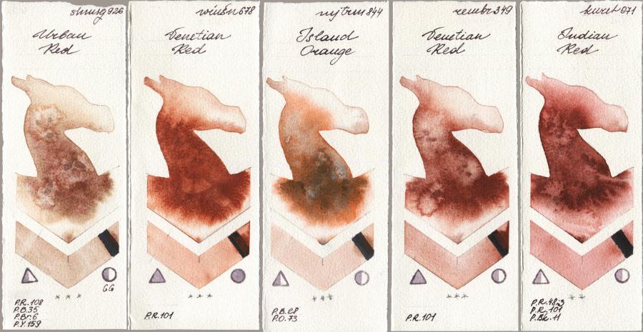 Shminke Horadam Aquarell 926 Urban Red vs Winsor & Newton Professional 678 Venetian Red vs Mijello Mission Gold 844 Island Orange vs Royal Talens Rembrandt Watercolour 349 Venerian Red vs Kuretake Gansai Tambi 071 Indian Red watercolor swatch