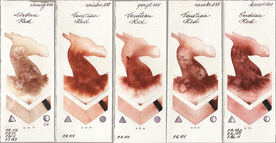 Shminke Horadam Aquarell 926 Urban Red vs Winsor & Newton Professional 678 Venetian Red vs Golden QOR 465 Venetian Red vs Royal Talens Rembrandt Watercolour 349 Venerian Red vs Kuretake Gansai Tambi 071 Indian Red watercolor swatch