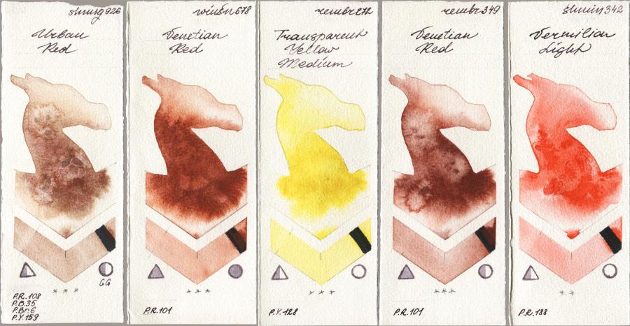 Shminke Horadam Aquarell 926 Urban Red vs Winsor & Newton Professional 678 Venetian Red vs Royal Talens Rembrandt Watercolour 272 Transparent Yellow Medium vs 349 Venerian Red vs 342 Vermilion Light watercolor swatch