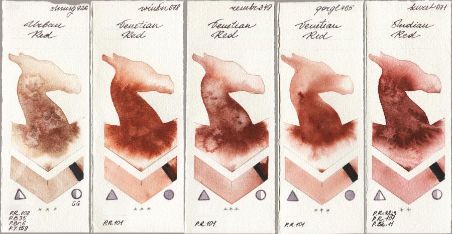 Shminke Horadam Aquarell 926 Urban Red vs Winsor & Newton Professional 678 Venetian Red vs Royal Talens Rembrandt Watercolour 349 Venerian Red vs Golden QOR 465 Venetian Red vs Kuretake Gansai Tambi 071 Indian Red watercolor swatch