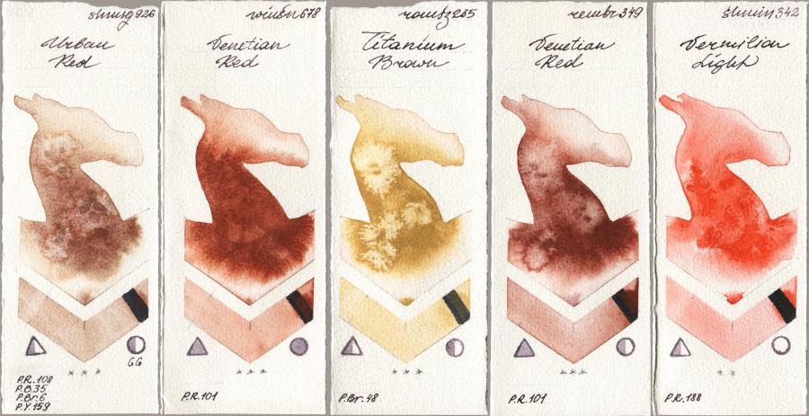 Shminke Horadam Aquarell 926 Urban Red vs Winsor & Newton Professional 678 Venetian Red vs Roman Szmal Aquarius 265 Titanium Brown vs Royal Talens Rembrandt Watercolour 349 Venerian Red vs 342 Vermilion Light watercolor swatch