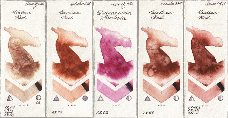 Shminke Horadam Aquarell 926 Urban Red vs Winsor & Newton Professional 678 Venetian Red vs Roman Szmal Aquarius 358 Quinacridone Fuchsia vs Royal Talens Rembrandt Watercolour 349 Venerian Red vs Kuretake Gansai Tambi 071 Indian Red watercolor swatch