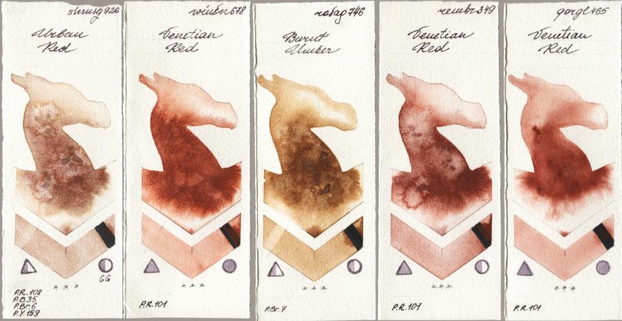Shminke Horadam Aquarell 926 Urban Red vs Winsor & Newton Professional 678 Venetian Red vs Rosa Gallery 746 Burnt Umber vs Royal Talens Rembrandt Watercolour 349 Venerian Red vs Golden QOR 465 Venetian Red watercolor swatch