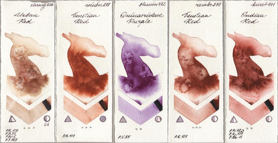 Shminke Horadam Aquarell 926 Urban Red vs Winsor & Newton Professional 678 Venetian Red vs 472 Quinacridone Purple vs Royal Talens Rembrandt Watercolour 349 Venerian Red vs Kuretake Gansai Tambi 071 Indian Red watercolor swatch