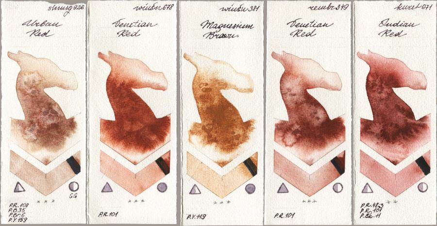 Shminke Horadam Aquarell 926 Urban Red vs Winsor & Newton Professional 678 Venetian Red vs 381 Magnesuim Brown vs Royal Talens Rembrandt Watercolour 349 Venerian Red vs Kuretake Gansai Tambi 071 Indian Red watercolor swatch