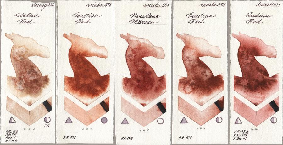 Shminke Horadam Aquarell 926 Urban Red vs Winsor & Newton Professional 678 Venetian Red vs 507 Perylene Maroon vs Royal Talens Rembrandt Watercolour 349 Venerian Red vs Kuretake Gansai Tambi 071 Indian Red watercolor swatch