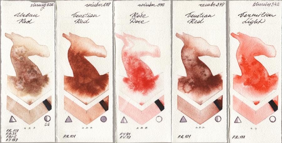 Shminke Horadam Aquarell 926 Urban Red vs Winsor & Newton Professional 678 Venetian Red vs 576 Rose Dore vs Royal Talens Rembrandt Watercolour 349 Venerian Red vs 342 Vermilion Light watercolor swatch