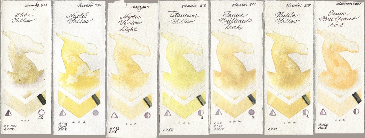 Shminke Horadam Aquarell 931 Shire Yellow, Holbein Artists Watercolor 030 Naples Yellow, Rosa Gallery 745 Naples Yellow Light, 206 Titanium Yellow, 221 Brilliant Yellow Dark (Jaune Brilliant Dark), 205 Rutile Yellow, Daniel Smith 257 Jaune Brilliant No watercolor swatch