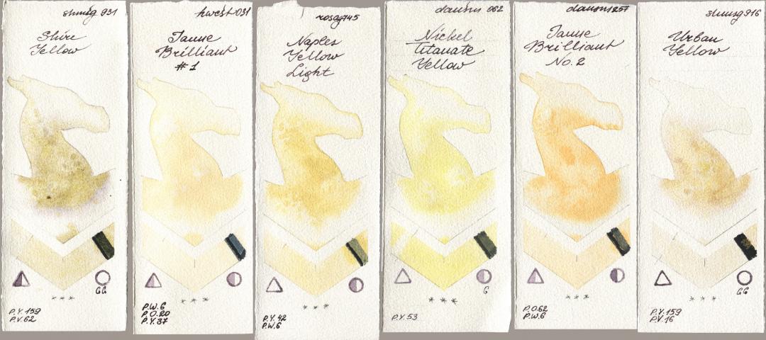 Shminke Horadam Aquarell 931 Shire Yellow, Holbein Artists Watercolor 031 Jaune Brilliant No 1, Rosa Gallery 745 Naples Yellow Light, Daniel Smith 062 Nickel Titanate Yellow, 257 Jaune Brilliant No 2, 916 Urban Yell watercolor swatch