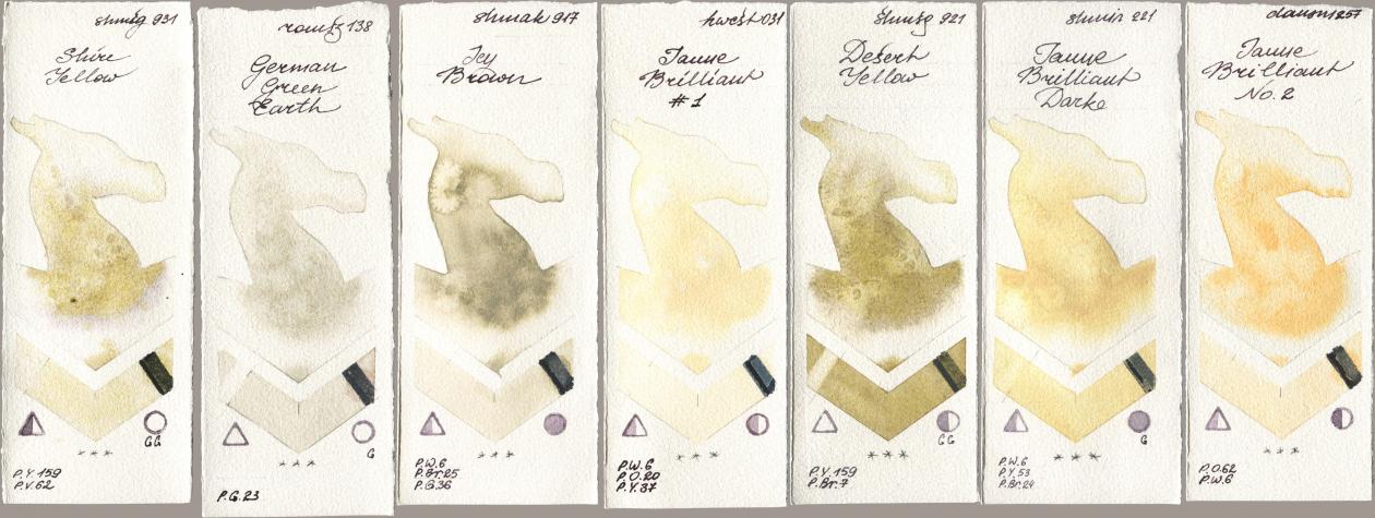 Shminke Horadam Aquarell 931 Shire Yellow, Roman Szmal Aquarius 138 German Green Earth, Shminke Akademie Aquarell 917 Icy Brown, Holbein Artists Watercolor 031 Jaune Brilliant No 1, 921 Desert Yellow, 221 Brilliant Yellow Dark (Jaune Brilliant Dark), Daniel Smith 257 Jaune Brilliant No watercolor swatch