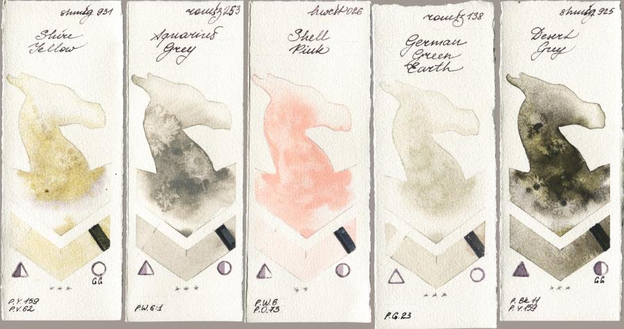 Shminke Horadam Aquarell 931 Shire Yellow vs Roman Szmal Aquarius 253 Aquarius Grey vs Holbein Artists Watercolor 026 Shell Pink vs 138 German Green Earth vs 925 Desert Grey watercolor swatch